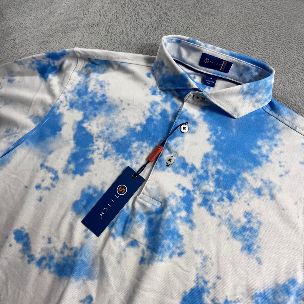 Stitch Golf Mens S Blue White Tie Dye Performance Short Sleeve Polo Shirt NWTI